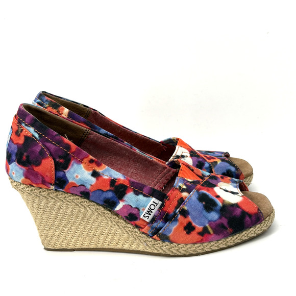 Toms Wedge Espadrilles Womens 8.5 Floral Open Toe Summer Party Poppy - Picture 9 of 9